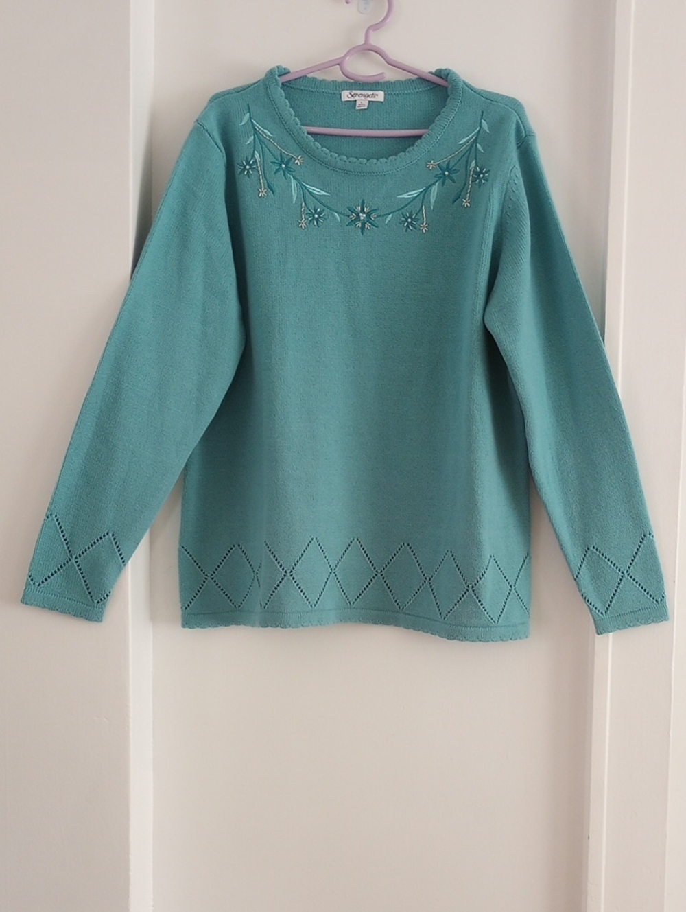 Serengeti Teal Crewneck Sweater with Floral Beads Embroidery Size Large